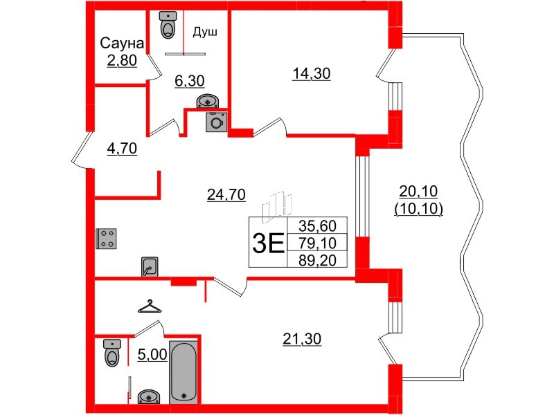 Квартира в ЖК «Вдохновение» ЭКОквартал «Русская Европа», 2 комнатная, 89.2 м², 10 этаж