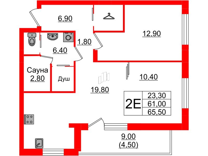 Квартира в ЖК «Вдохновение» ЭКОквартал «Русская Европа», 2 комнатная, 65.5 м², 8 этаж