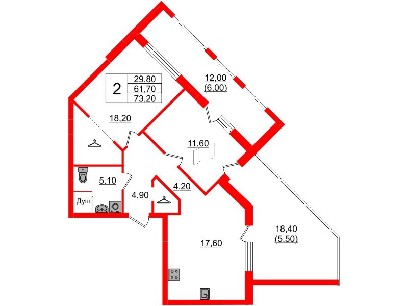 Квартира в ЖК «Вдохновение» ЭКОквартал «Русская Европа», 2 комнатная, 73.2 м², 9 этаж