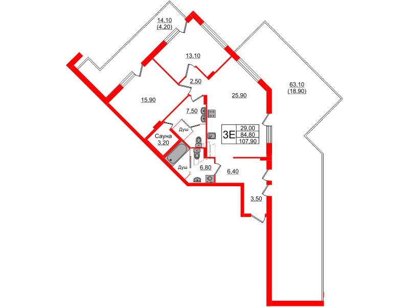 Квартира в ЖК «Вдохновение» ЭКОквартал «Русская Европа», 2 комнатная, 107.9 м², 10 этаж
