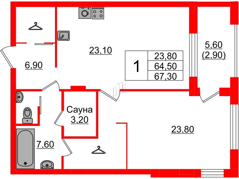 Квартира в ЖК «Вдохновение» ЭКОквартал «Русская Европа», 1 комнатная, 67.3 м², 6 этаж