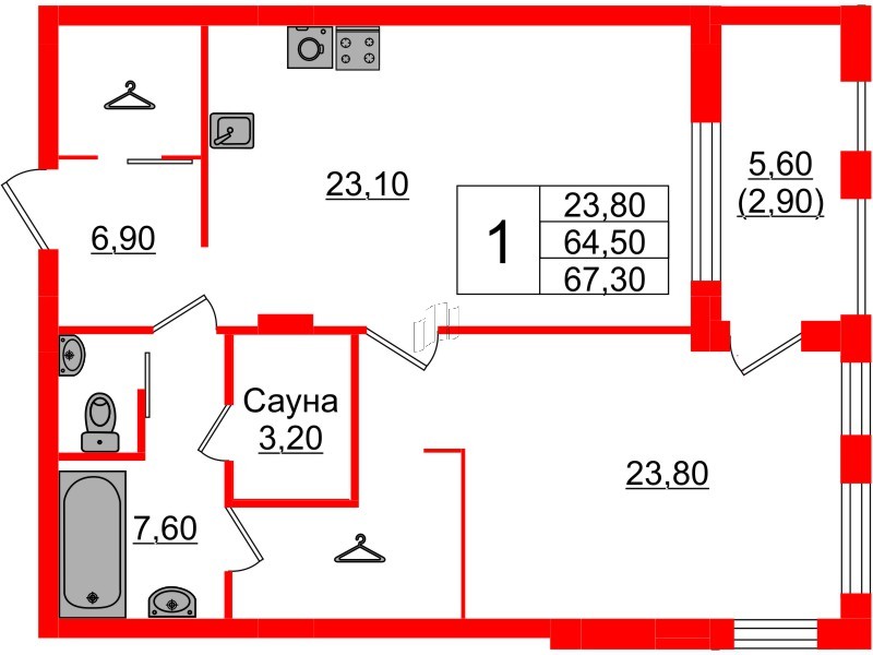 Квартира в ЖК «Вдохновение» ЭКОквартал «Русская Европа», 1 комнатная, 67.3 м², 7 этаж