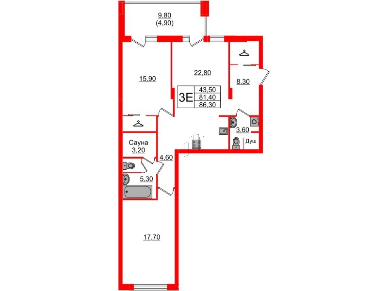 Квартира в ЖК «Вдохновение» ЭКОквартал «Русская Европа», 2 комнатная, 86.3 м², 7 этаж