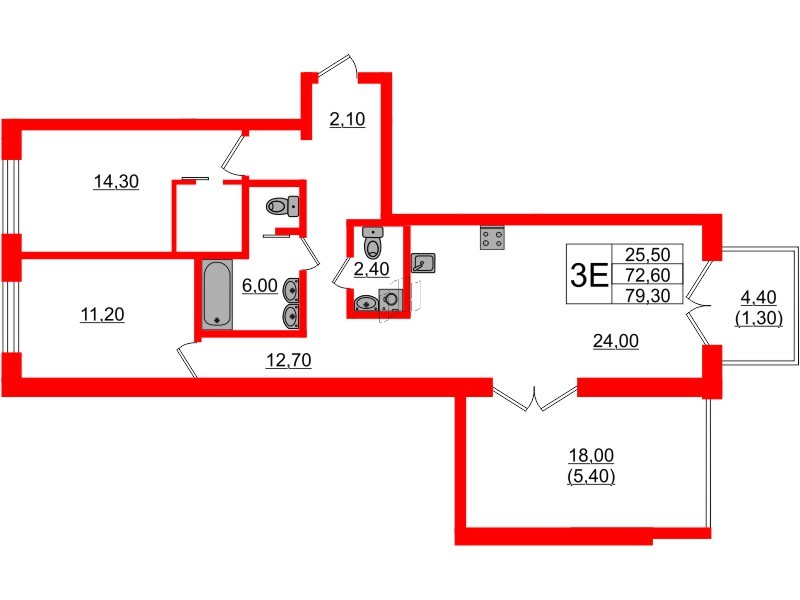 Квартира в ЖК «Вдохновение» ЭКОквартал «Русская Европа», 2 комнатная, 79.3 м², 11 этаж