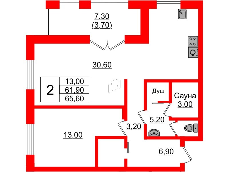 Квартира в ЖК «Вдохновение» ЭКОквартал «Русская Европа», 2 комнатная, 65.6 м², 9 этаж