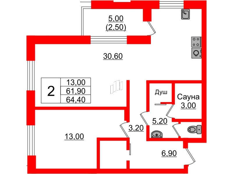 Квартира в ЖК «Вдохновение» ЭКОквартал «Русская Европа», 2 комнатная, 64.4 м², 12 этаж