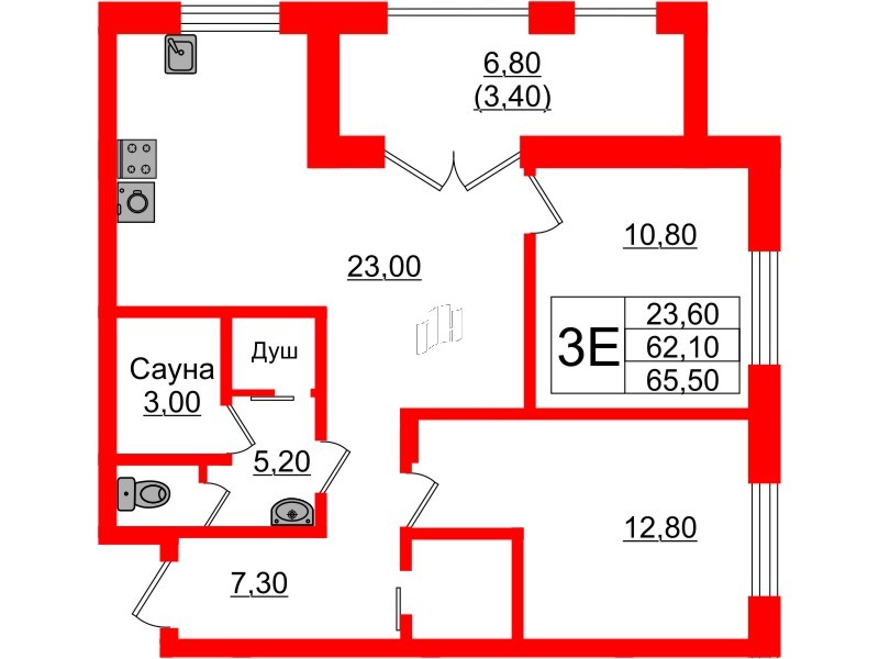 Квартира в ЖК «Вдохновение» ЭКОквартал «Русская Европа», 2 комнатная, 65.5 м², 11 этаж