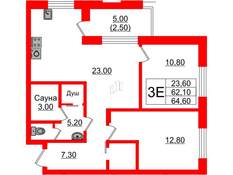Квартира в ЖК «Вдохновение» ЭКОквартал «Русская Европа», 2 комнатная, 64.6 м², 12 этаж