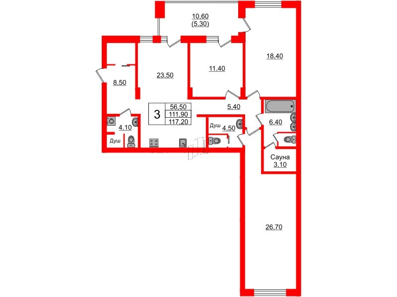 Квартира в ЖК «Вдохновение» ЭКОквартал «Русская Европа», 3 комнатная, 117.2 м², 2 этаж