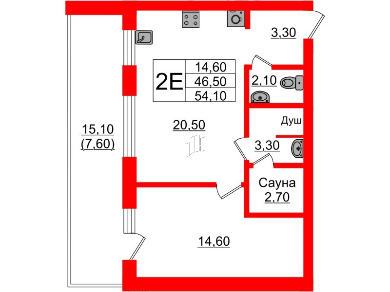 Квартира в ЖК «Вдохновение» ЭКОквартал «Русская Европа», 1 комнатная, 54.1 м², 9 этаж