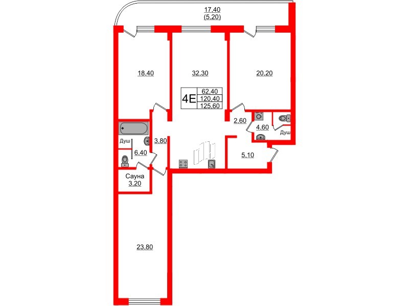 Квартира в ЖК «Вдохновение» ЭКОквартал «Русская Европа», 3 комнатная, 125.6 м², 2 этаж