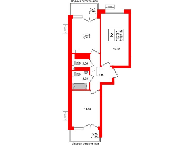 Квартира в ЖК Lake City-11, 2 комнатная, 53.65 м², 1 этаж