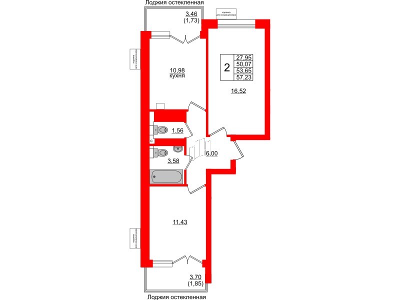 Квартира в ЖК Lake City-11, 2 комнатная, 53.65 м², 4 этаж