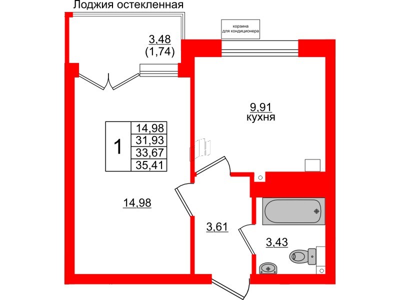 Квартира в ЖК Lake City-11, 1 комнатная, 33.67 м², 1 этаж