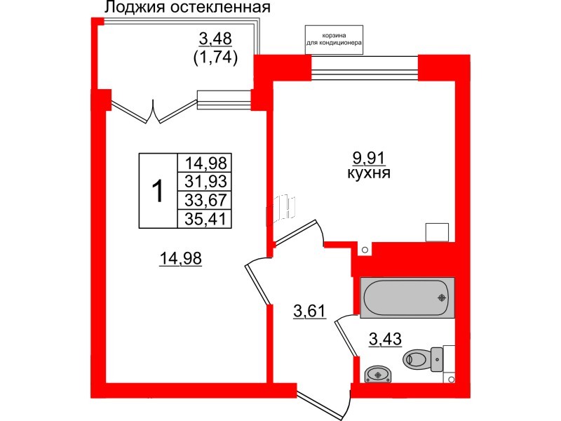 Квартира в ЖК Lake City-11, 1 комнатная, 33.67 м², 6 этаж