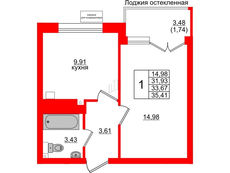 Квартира в ЖК Lake City-11, 1 комнатная, 33.67 м², 1 этаж