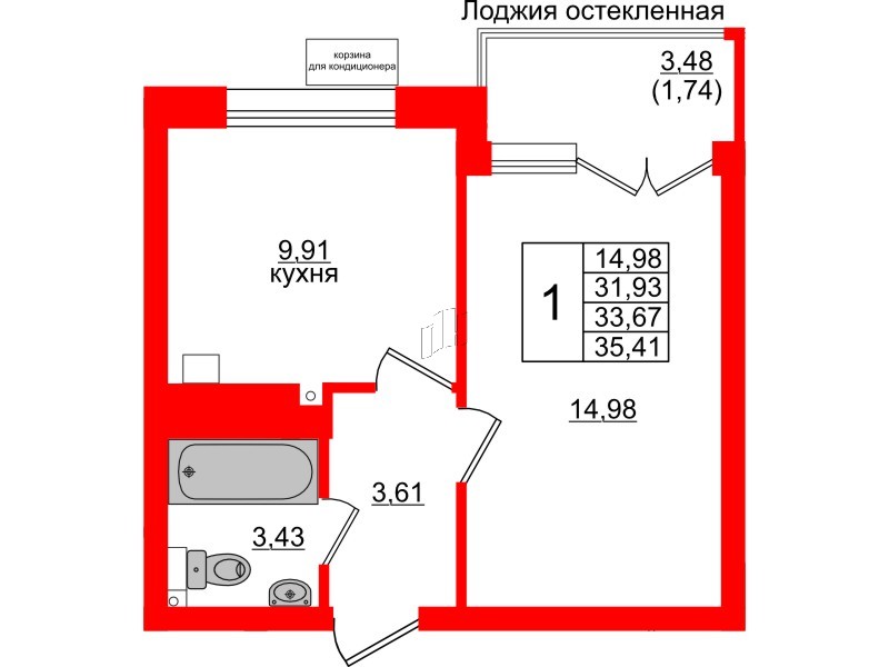 Квартира в ЖК Lake City-11, 1 комнатная, 33.67 м², 5 этаж