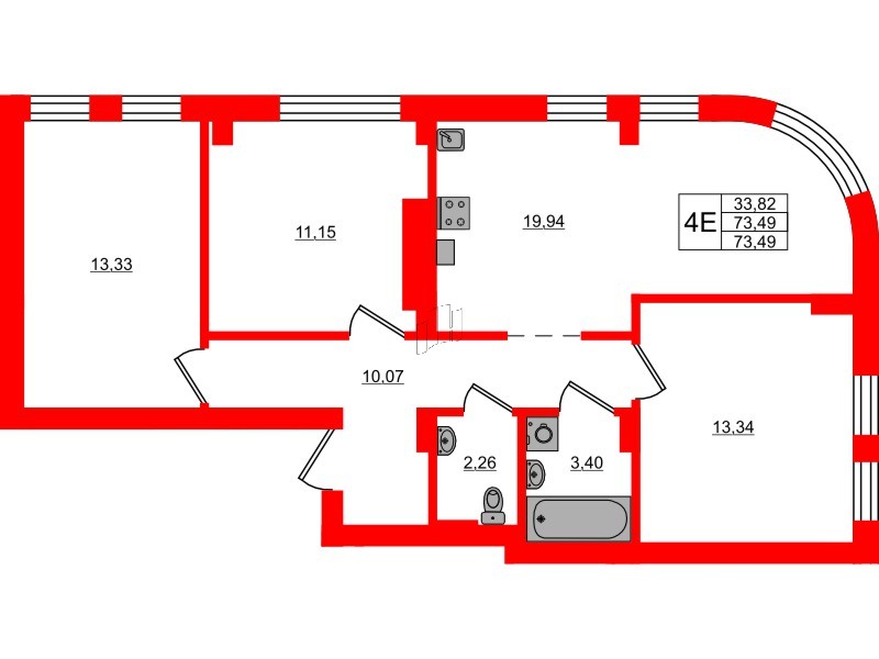 Квартира в ЖК «Включи», 3 комнатная, 73.49 м², 3 этаж