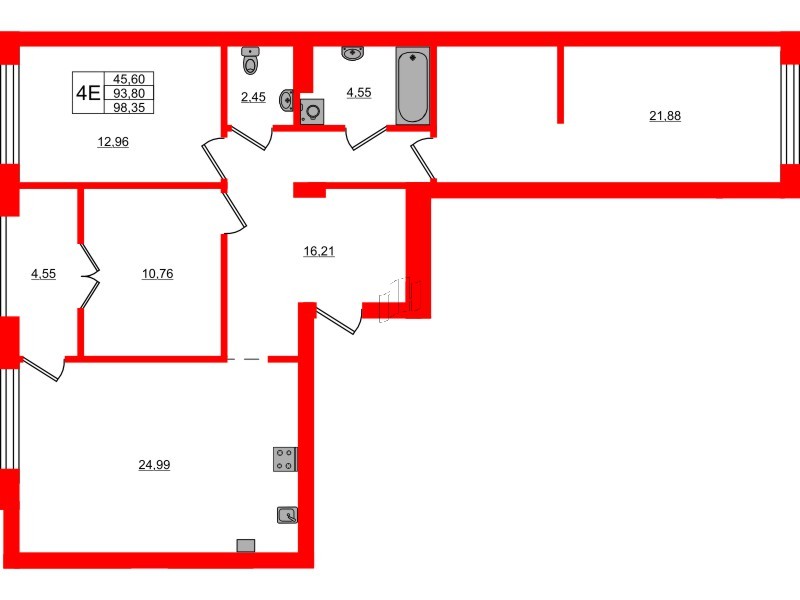 Квартира в ЖК «Включи», 3 комнатная, 98.35 м², 6 этаж