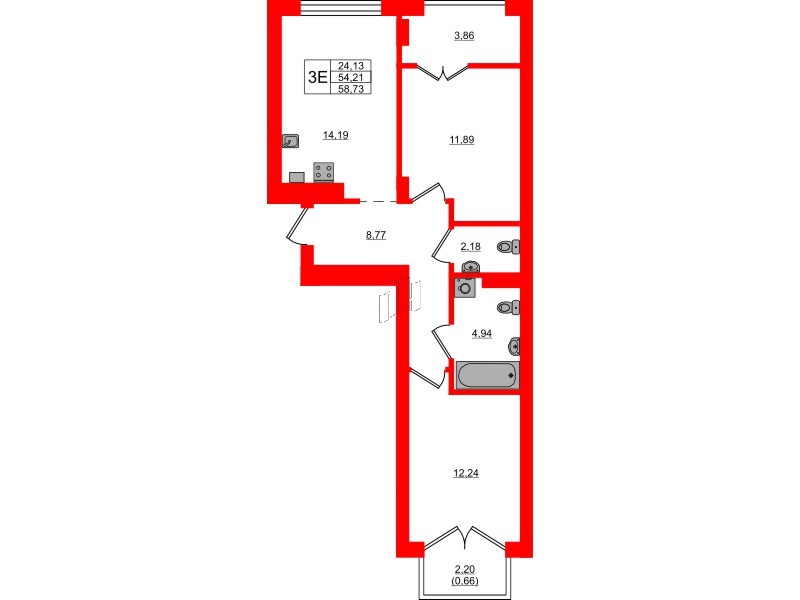 Квартира в ЖК «Включи», 2 комнатная, 58.73 м², 6 этаж