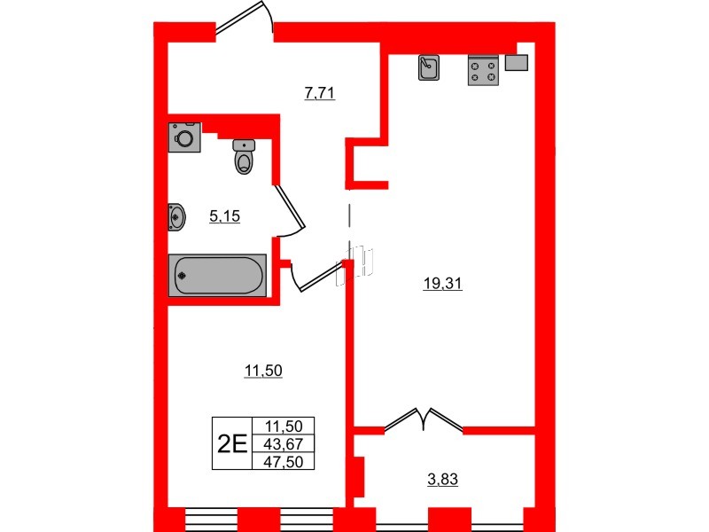 Квартира в ЖК «Включи», 1 комнатная, 47.5 м², 3 этаж