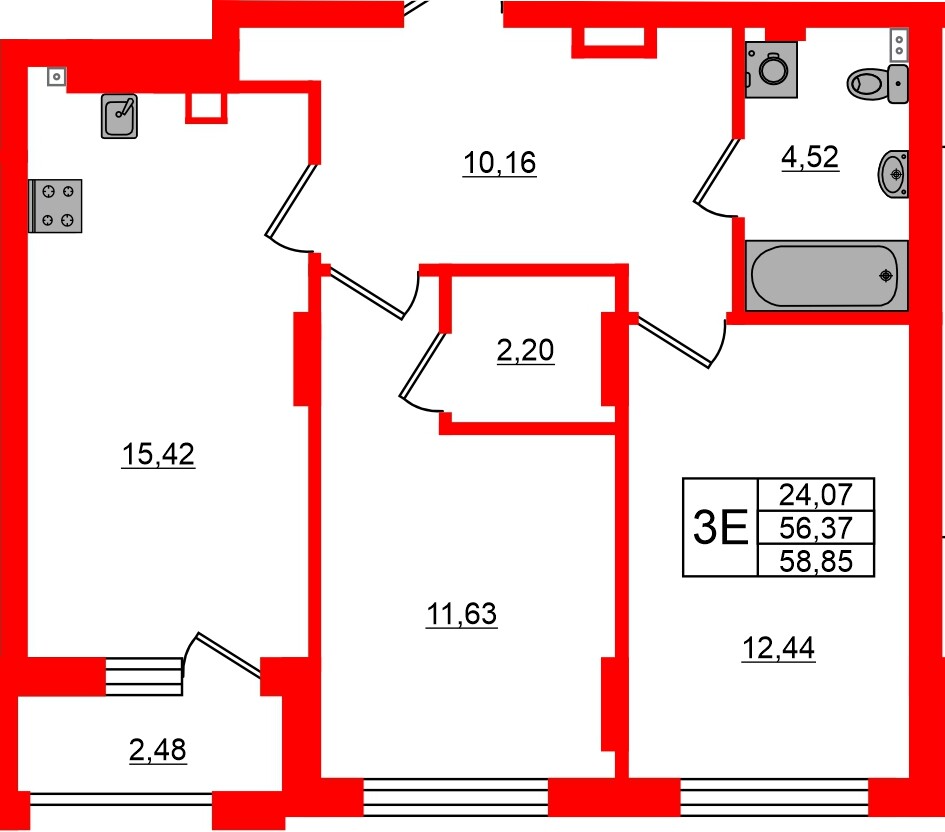 Квартира в ЖК «Новая история», 2 комнатная, 58.85 м², 1 этаж
