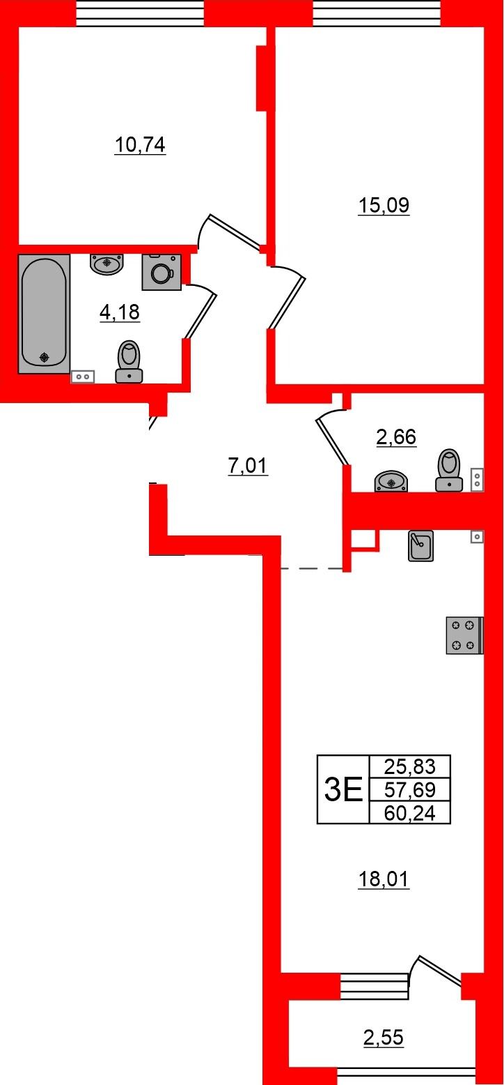 Квартира в ЖК «Новая история», 2 комнатная, 60.24 м², 3 этаж
