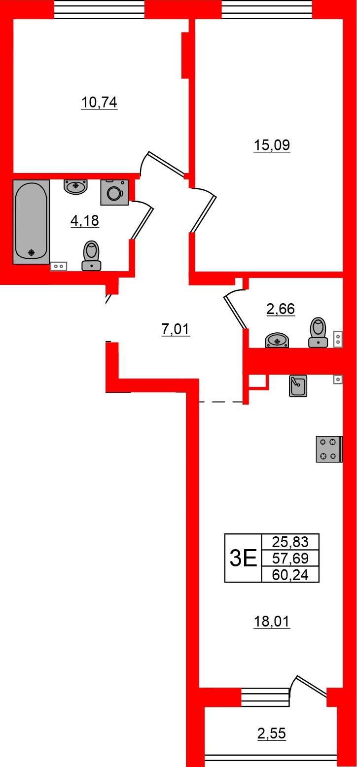 Квартира в ЖК «Новая история», 2 комнатная, 60.24 м², 5 этаж