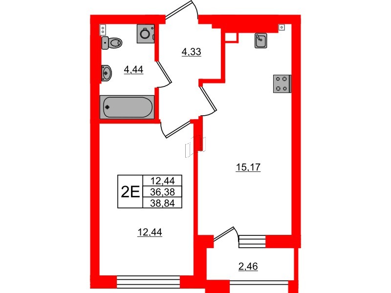 Квартира в ЖК «Новая история», 1 комнатная, 38.84 м², 3 этаж