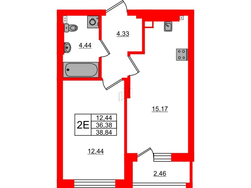 Квартира в ЖК «Новая история», 1 комнатная, 38.84 м², 4 этаж