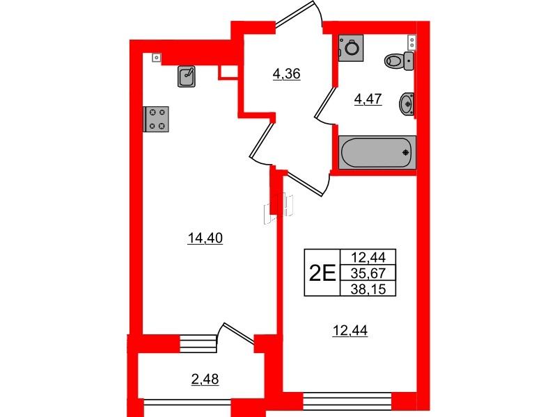 Квартира в ЖК «Новая история», 1 комнатная, 38.15 м², 2 этаж