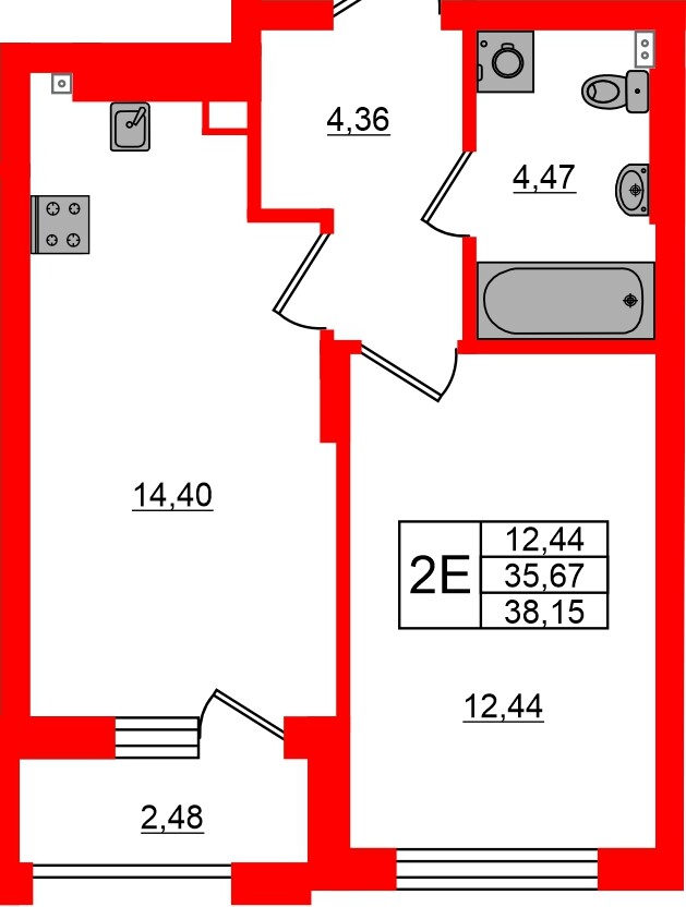 Квартира в ЖК «Новая история», 1 комнатная, 38.15 м², 3 этаж