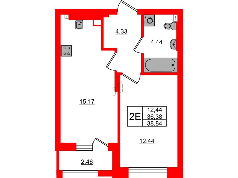 Квартира в ЖК «Новая история», 1 комнатная, 38.84 м², 2 этаж