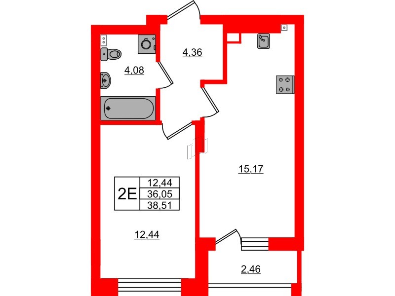 Квартира в ЖК «Новая история», 1 комнатная, 38.51 м², 2 этаж