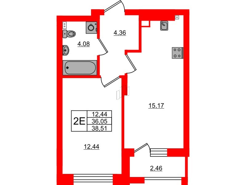 Квартира в ЖК «Новая история», 1 комнатная, 38.51 м², 3 этаж