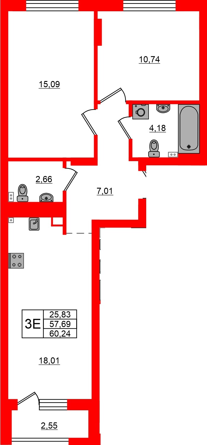 Квартира в ЖК «Новая история», 2 комнатная, 60.24 м², 2 этаж