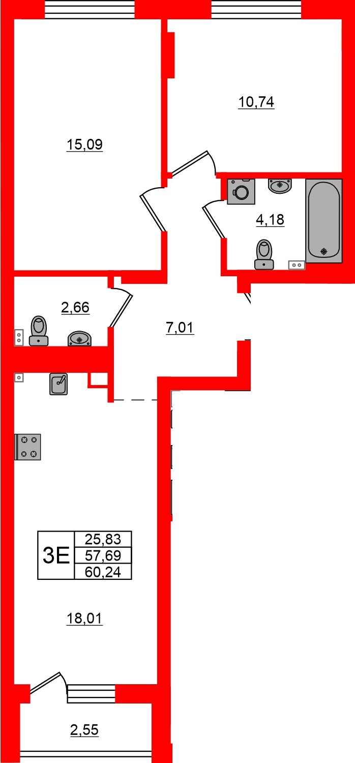 Квартира в ЖК «Новая история», 2 комнатная, 60.24 м², 5 этаж