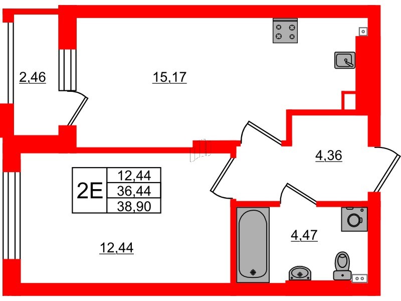 Квартира в ЖК «Новая история», 1 комнатная, 38.9 м², 2 этаж