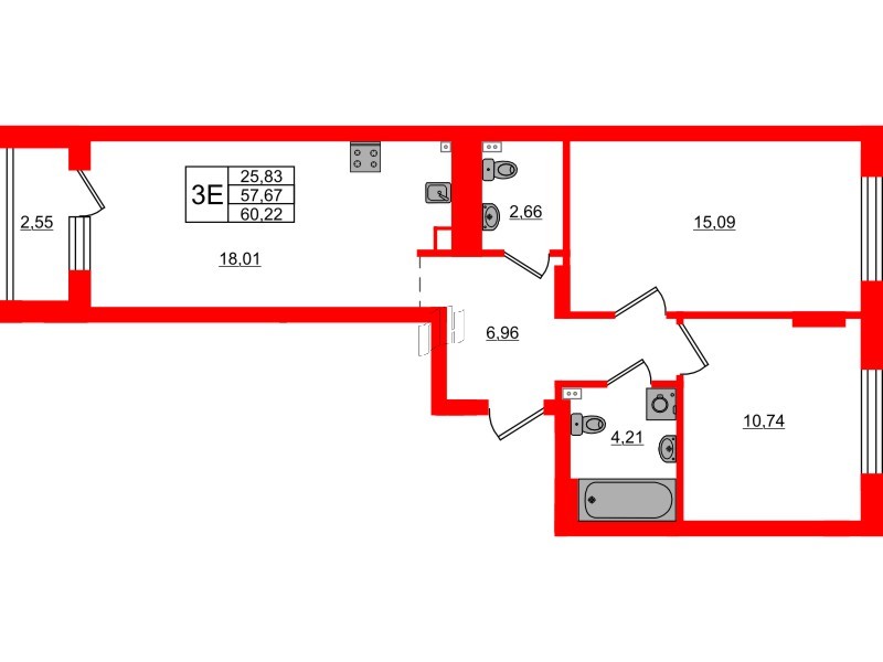 Квартира в ЖК «Новая история», 2 комнатная, 60.22 м², 3 этаж