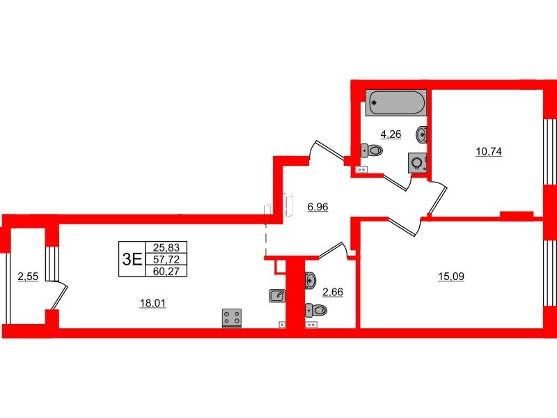 Квартира в ЖК «Новая история», 2 комнатная, 60.27 м², 1 этаж