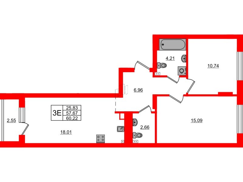 Квартира в ЖК «Новая история», 2 комнатная, 60.22 м², 2 этаж
