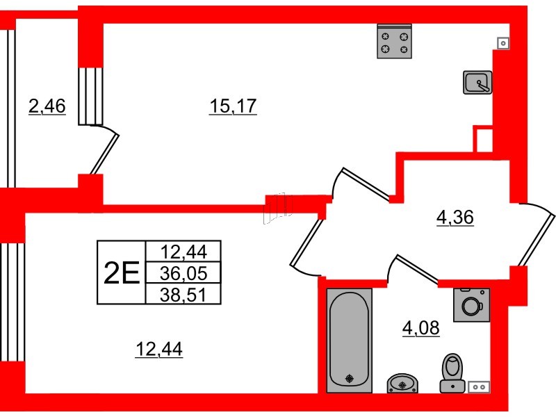 Квартира в ЖК «Новая история», 1 комнатная, 38.51 м², 2 этаж