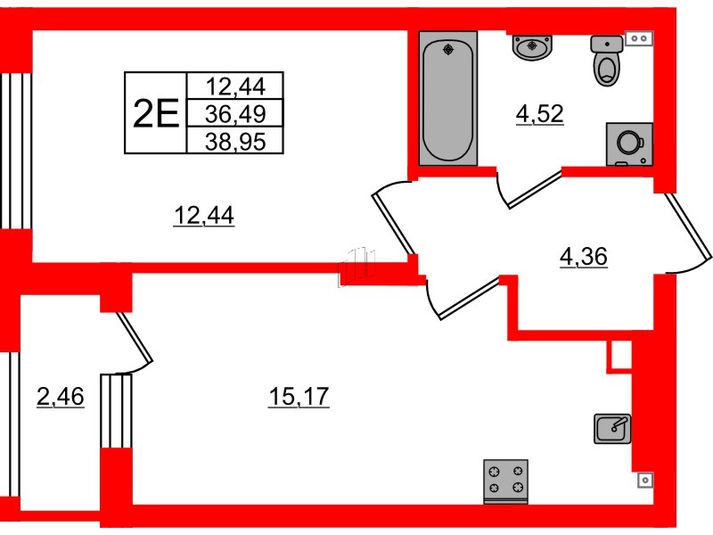 Квартира в ЖК «Новая история», 1 комнатная, 38.95 м², 1 этаж