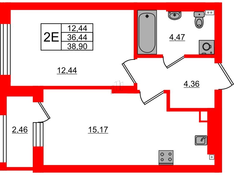 Квартира в ЖК «Новая история», 1 комнатная, 38.9 м², 2 этаж