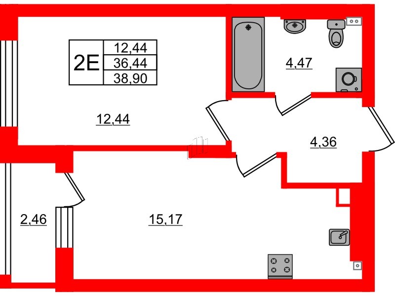 Квартира в ЖК «Новая история», 1 комнатная, 38.9 м², 5 этаж