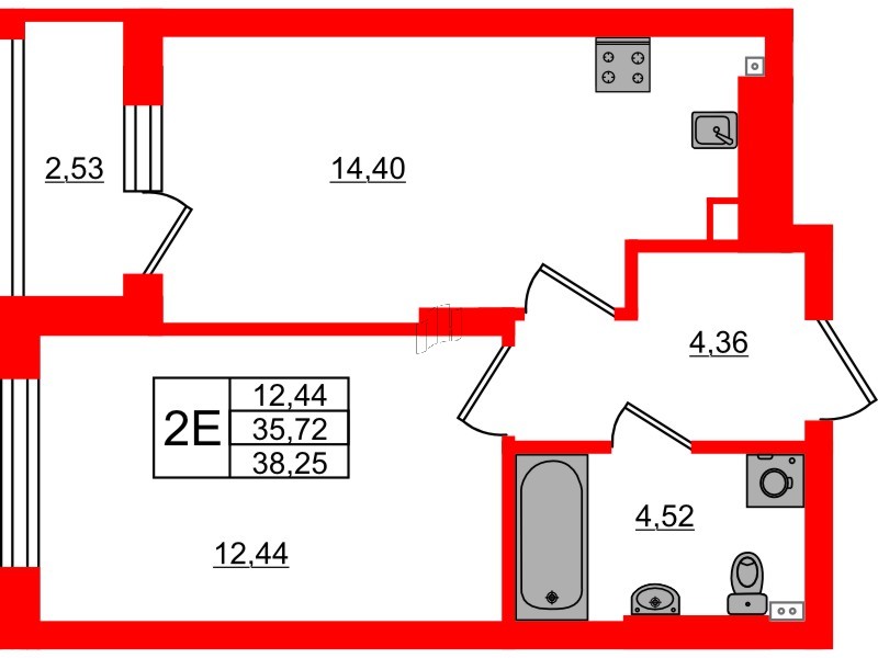 Квартира в ЖК «Новая история», 1 комнатная, 38.25 м², 1 этаж