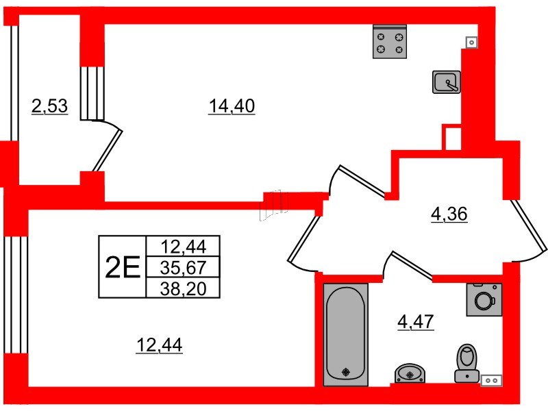 Квартира в ЖК «Новая история», 1 комнатная, 38.2 м², 2 этаж