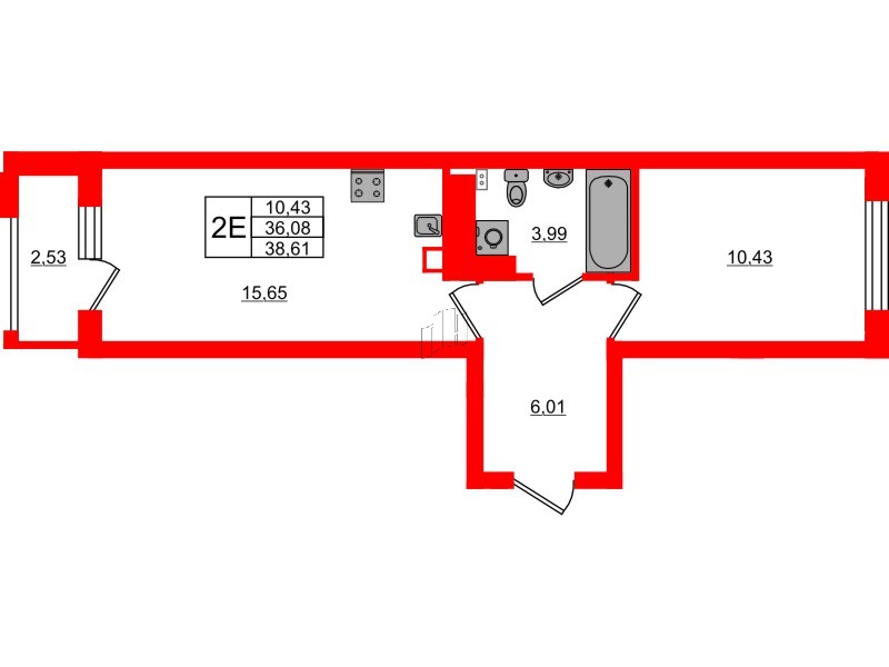 Квартира в ЖК «Новая история», 1 комнатная, 38.61 м², 1 этаж