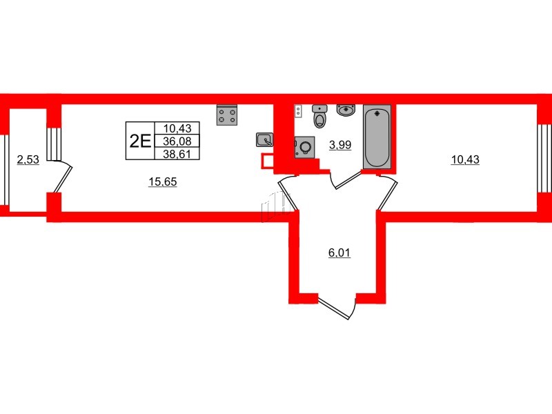 Квартира в ЖК «Новая история», 1 комнатная, 38.61 м², 2 этаж