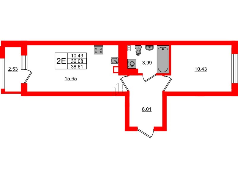 Квартира в ЖК «Новая история», 1 комнатная, 38.61 м², 3 этаж